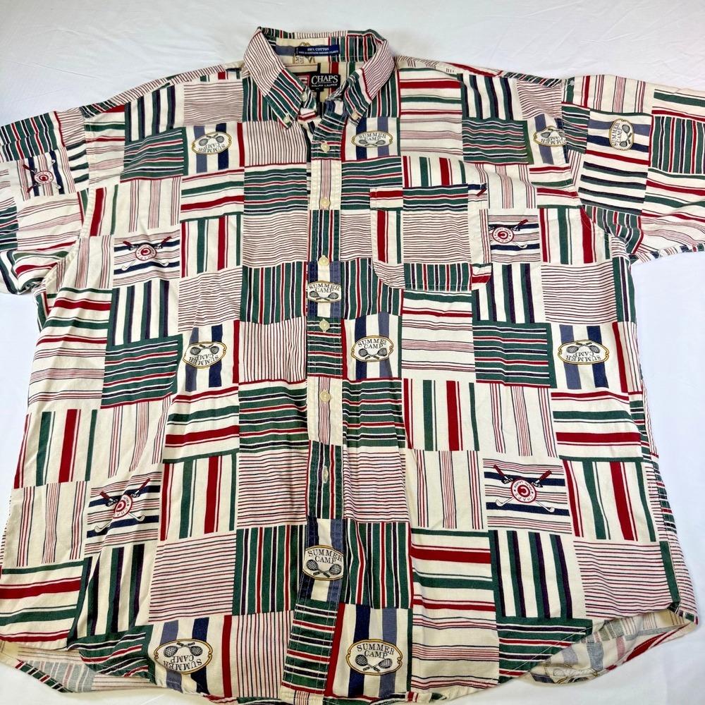 Vintage 1990s Chaps Ralph Lauren Patchwork Camp Shirt Men's Size XL Made in USA - Picture 2 of 6